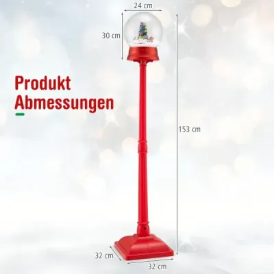 153 cm hudobný vianočný pouličný lampáš Snehová guľa na stojane s 8 melódiami Vianočný stromček červený
