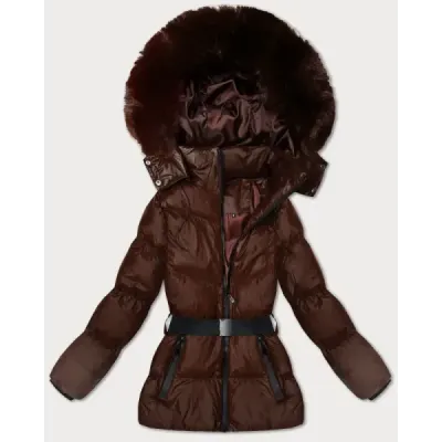 Zimná bunda s kapucňou a opaskom MODA3322 hnedá