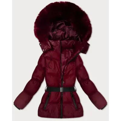 Zimná bunda s kapucňou a opaskom MODA3322 bordová