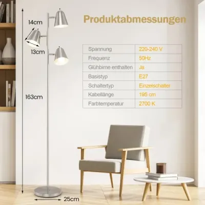 163cm stojaca lampa s 3 žiarovkami E27 a 360° nastaviteľným tienidlom Stojaca lampa strieborná