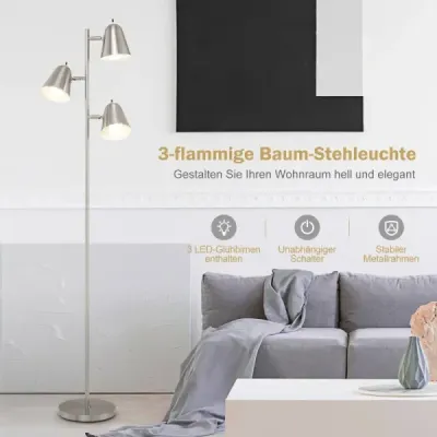 163cm stojaca lampa s 3 žiarovkami E27 a 360° nastaviteľným tienidlom Stojaca lampa strieborná