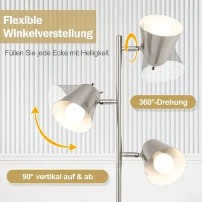 163cm stojaca lampa s 3 žiarovkami E27 a 360° nastaviteľným tienidlom Stojaca lampa strieborná