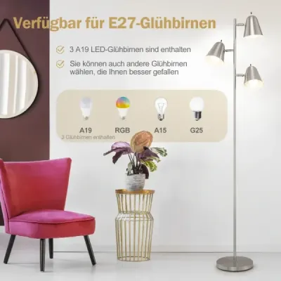 163cm stojaca lampa s 3 žiarovkami E27 a 360° nastaviteľným tienidlom Stojaca lampa strieborná