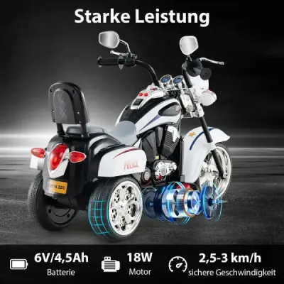 6V detská elektrická motorka s nastaviteľným svetlometom a zvukom Trojkolka Elektrická motorka Biela polícia