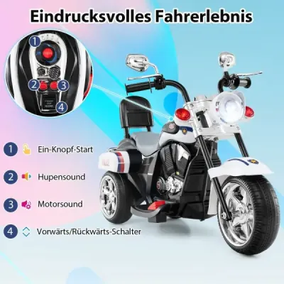 6V detská elektrická motorka s nastaviteľným svetlometom a zvukom Trojkolka Elektrická motorka Biela polícia