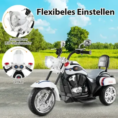 6V detská elektrická motorka s nastaviteľným svetlometom a zvukom Trojkolka Elektrická motorka Biela polícia