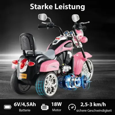 6V detská elektrická motorka s nastaviteľným svetlometom a zvukom Trojkolka Elektrická motorka Svetlo Ružová