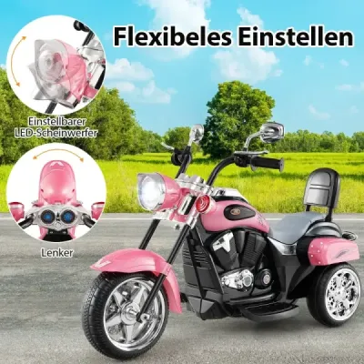 6V detská elektrická motorka s nastaviteľným svetlometom a zvukom Trojkolka Elektrická motorka Svetlo Ružová