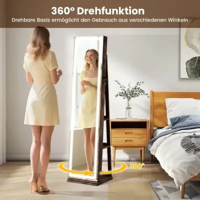 360° otočná skrinka na šperky s osvetlením a zrkadlom Zrkadlová skrinka stojace zrkadlo hnedá