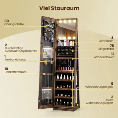 360° otočná skrinka na šperky s osvetlením a zrkadlom Zrkadlová skrinka stojace zrkadlo hnedá