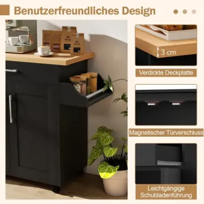 Kuchynský vozík s pracovnou doskou Mobilný kuchynský ostrovček so zásuvkou a nastaviteľnou policou Servírovací vozík Prírodný + čierny