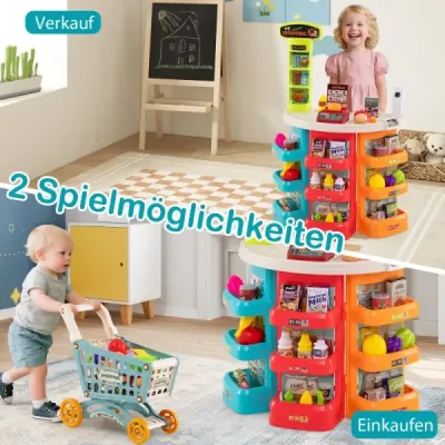 76-dielny supermarket s nákupným vozíkom Obchod s váhou a skenerom Obchod modrý