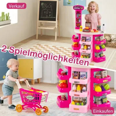 76-dielny supermarket s nákupným vozíkom Obchod s váhou a skenerom Obchod s hračkami Ružová farba