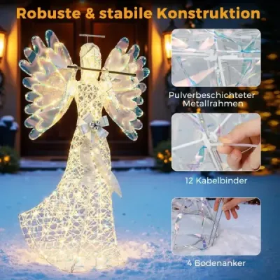158cm vianočný anjel s 250 studenými bielymi LED svetlami a vianočnou dekoráciou so svätožiarou a flautou