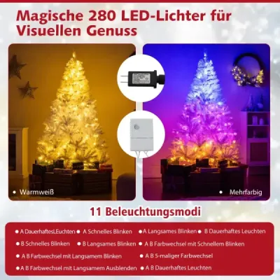 180 cm umelý vianočný stromček s 3-farebnými LED svetlami Vianočný stromček biely