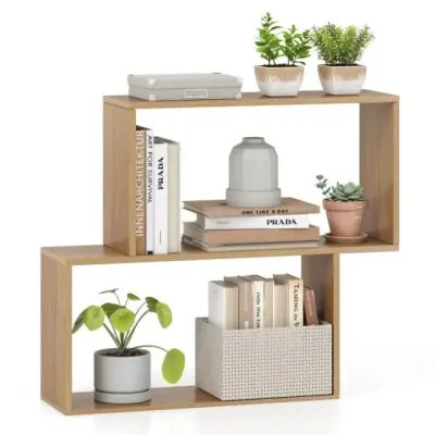 3-úrovňová geometrická knižnica voľne stojaca drevená polica s 2 priehradkami v tvare kocky príroda