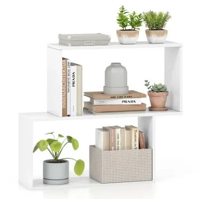 3-úrovňová geometrická knižnica voľne stojaca drevená polica s 2 priehradkami v tvare kocky Biela