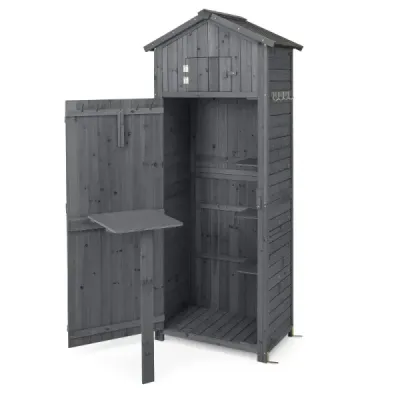 Záhradný prístrešok 180,5 cm vysoká skrinka na náradie na vonkajšie použitie s uzamykateľnými dverami skladací stôl sivý Záhradný prístrešok 180,5 cm vysoká skrinka na náradie na vonkajšie použitie s uzamykateľnými dverami skladací stôl sivý