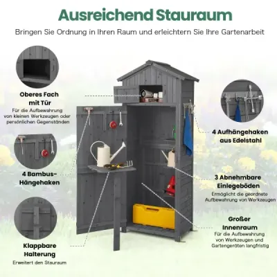 Záhradný prístrešok 180,5 cm vysoká skrinka na náradie na vonkajšie použitie s uzamykateľnými dverami skladací stôl sivý Záhradný prístrešok 180,5 cm vysoká skrinka na náradie na vonkajšie použitie s uzamykateľnými dverami skladací stôl sivý