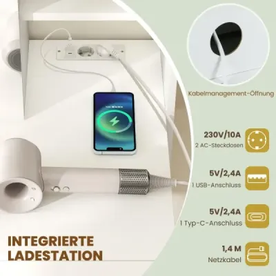 Toaletný stolík so zrkadlom Toaletný stolík s nabíjacími zásuvkami otvorenými policami a zrkadlovou skriňou do spálne Biela Toaletný stolík so zrkadlom Toaletný stolík s nabíjacími zásuvkami otvorenými policami a zrkadlovou skriňou do spálne Biela