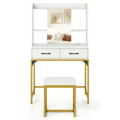 Toaletný stolík so zrkadlom Toaletný stolík s nabíjacími zásuvkami otvorenými policami a zrkadlovou skriňou do spálne Biela