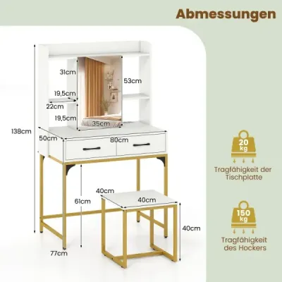 Toaletný stolík so zrkadlom Toaletný stolík s nabíjacími zásuvkami otvorenými policami a zrkadlovou skriňou do spálne Biela Toaletný stolík so zrkadlom Toaletný stolík s nabíjacími zásuvkami otvorenými policami a zrkadlovou skriňou do spálne Biela