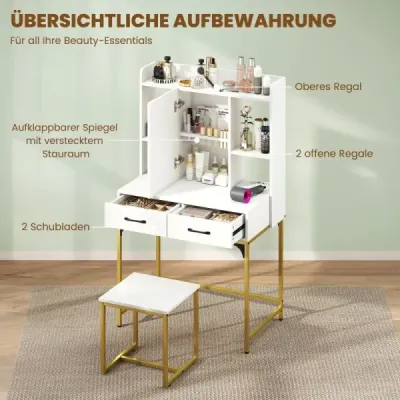 Toaletný stolík so zrkadlom Toaletný stolík s nabíjacími zásuvkami otvorenými policami a zrkadlovou skriňou do spálne Biela Toaletný stolík so zrkadlom Toaletný stolík s nabíjacími zásuvkami otvorenými policami a zrkadlovou skriňou do spálne Biela