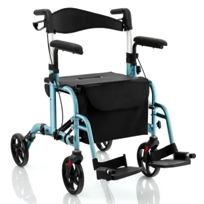Rollator skladací a ľahký so sedadlom 2 v 1 invalidný vozík a cestovný rollator pomôcka na chôdzu 6-polohové nastavenie výšky Modrá