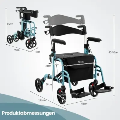 Rollator skladací a ľahký so sedadlom 2 v 1 invalidný vozík a cestovný rollator pomôcka na chôdzu 6-polohové nastavenie výšky Modrá