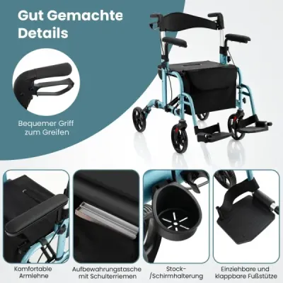 Rollator skladací a ľahký so sedadlom 2 v 1 invalidný vozík a cestovný rollator pomôcka na chôdzu 6-polohové nastavenie výšky Modrá