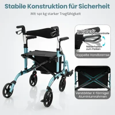 Rollator skladací a ľahký so sedadlom 2 v 1 invalidný vozík a cestovný rollator pomôcka na chôdzu 6-polohové nastavenie výšky Modrá