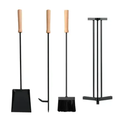 4-dielna súprava krbového náradia robustná kovová krbová súprava s pohrabáčom lopatou kefou a robustným držiakom čierna
