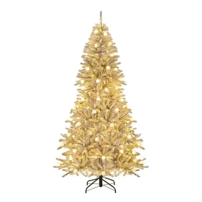 210 cm umelý vianočný stromček posiaty snehom so 65 guľovitými lampami, 350 teplými bielymi LED svetlami a 905 konármi.