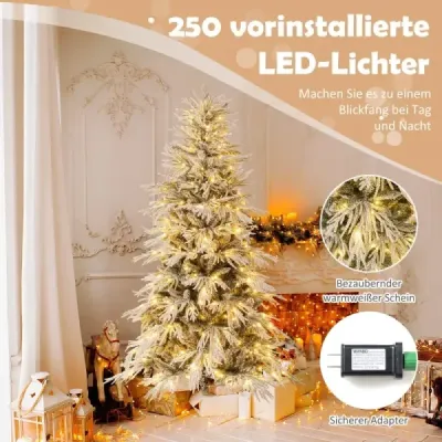 210 cm umelý vianočný stromček posiaty snehom so 65 guľovitými lampami, 350 teplými bielymi LED svetlami a 905 konármi.