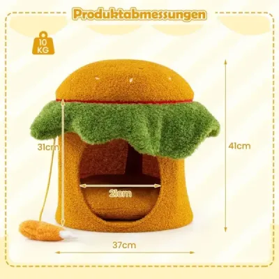 Roztomilý domček pre mačky v tvare hamburgeru s polstrovaným horným sedadlom, závesná plyšová hračka oranžová