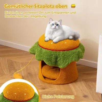 Roztomilý domček pre mačky v tvare hamburgeru s polstrovaným horným sedadlom, závesná plyšová hračka oranžová