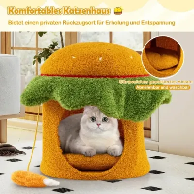 Roztomilý domček pre mačky v tvare hamburgeru s polstrovaným horným sedadlom, závesná plyšová hračka oranžová