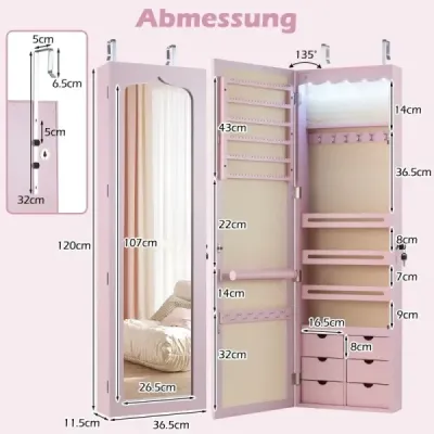 Skrinka na šperky s LED Uzamykateľná nástenná/dverová skrinka na šperky so zrkadlom a 6 zásuvkami Ružová