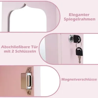 Skrinka na šperky s LED Uzamykateľná nástenná/dverová skrinka na šperky so zrkadlom a 6 zásuvkami Ružová