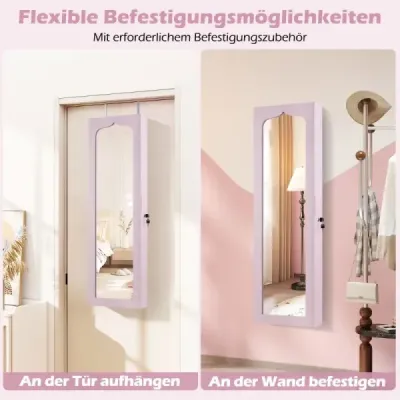 Skrinka na šperky s LED Uzamykateľná nástenná/dverová skrinka na šperky so zrkadlom a 6 zásuvkami Ružová