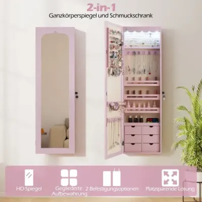 Skrinka na šperky s LED Uzamykateľná nástenná/dverová skrinka na šperky so zrkadlom a 6 zásuvkami Ružová