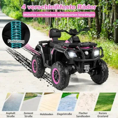 Detské ATV 24V 2-miestne štvorkolesové elektrické vozidlo so 4 motormi s mäkkým štartom a odpružením LED svetlá hudba ružové