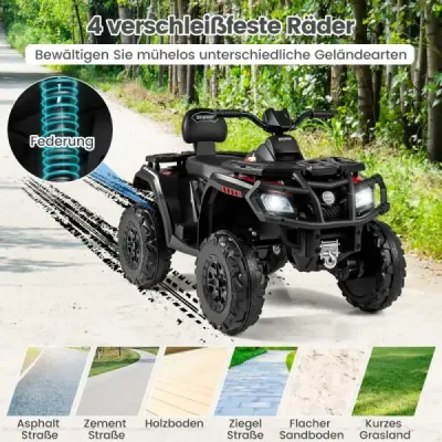 Detské ATV 24V 2-miestne štvorkolesové elektrické vozidlo so 4 motormi s mäkkým štartom a odpružením LED svetlá hudba  čierne