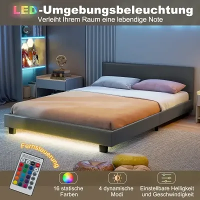 Posteľ 140 x 200 cm s LED osvetlením, čalúnená posteľ s lamelovým rámom, sivý rám postele