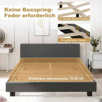 Posteľ 140 x 200 cm s LED osvetlením, čalúnená posteľ s lamelovým rámom, sivý rám postele