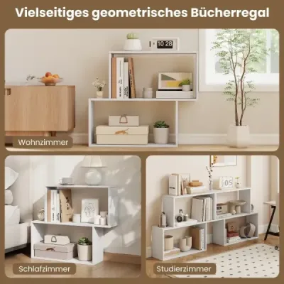 3-úrovňová geometrická knižnica voľne stojaca drevená polica s 2 priehradkami v tvare kocky Biela