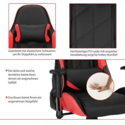 Herná stolička v pretekárskom štýle otočná stolička s opierkou hlavy a bedrovým vankúšom 90°-160° nastaviteľný uhol sklonu červená