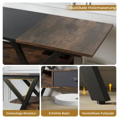 Televízny stojan pre 65-palcový televízor 3-úrovňové zábavné centrum s LED svetlami Rustikálna hnedá