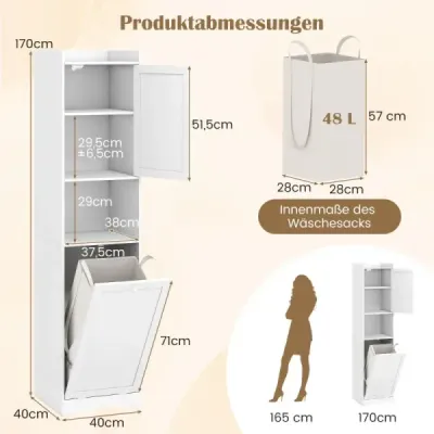 170 cm kúpeľňová skrinka, vysoká a úzka, veža na bielizeň s úložným priestorom, nastaviteľná polica, vrecko na bielizeň, biela