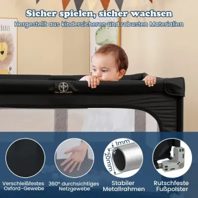 Detská ohrádka 150 x 150 cm Skladacia ohrádka s 50 loptičkami, 4 rúčky a zipsovou bránkou, čierna